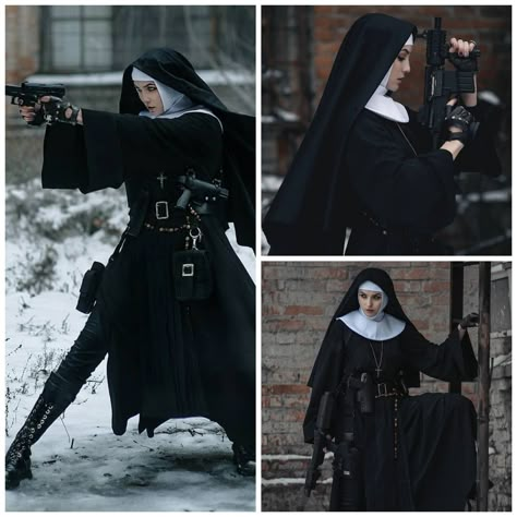 Nun Core Aesthetic, Dark Nun Aesthetic, Nun Gunslinger, Battle Nun Character Design, Nun Assassin, Nun Outfit Drawing, Warrior Nun Aesthetic, Nun Character Design, Battle Nun