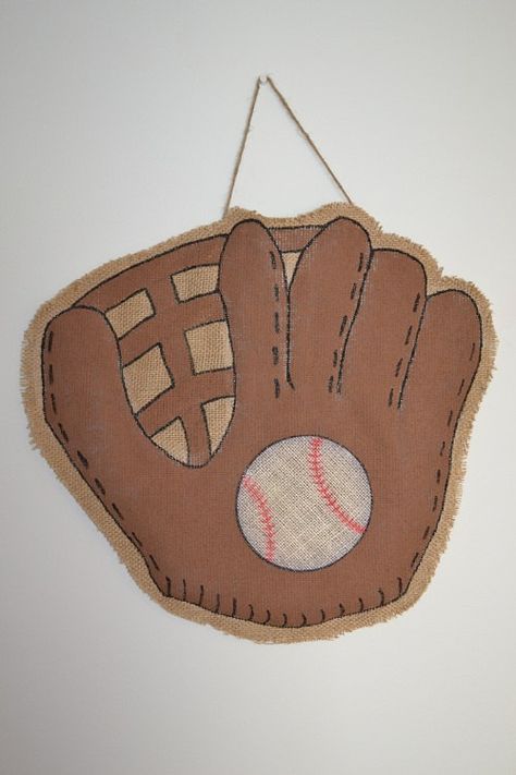 Burlap Door Hanger - Baseball Glove. $25.00, via Etsy. Sewing Burlap, Burlap Decorations, Painted Burlap, Painting Studios, Turkey Disguise, Baseball Crafts, Burlap Door Hanger, Burlap Door Hangers, Burlap Projects