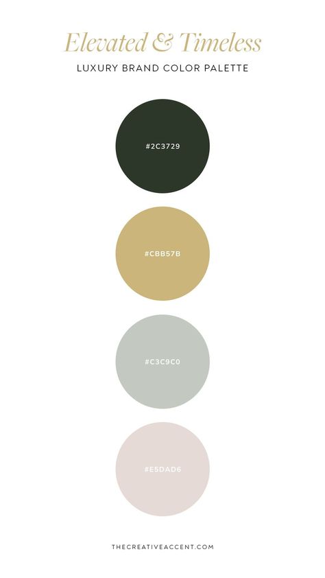 A delicate, refined color palette for a luxury brand that wants to go for a timeless, peaceful look. Looking for a fresh brand design for your business? Discover The Creative Accent, a design studio specializing in approachable, luxury brand design. Luxury Color Palette For Website, Gold Brand Color Palette, Luxurious Color Palette Branding, Luxury Brand Color Pallete, Sophisticated Brand Color Palette, Luxury Website Color Palette, Luxury Color Palette Branding Green, Meditation Color Palette, Luxury Brand Colors Inspiration