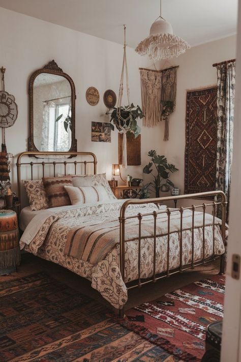 Bring timeless style into your bedroom by blending vintage pieces with bohemian vibes. Add charm with antique furniture, Persian rugs, and macramé details for that perfect mix of old-world elegance and boho style. Create your unique, cozy space! Persian Bedroom Decor, Bohemian Bedroom Decor Ideas, Garden Home Ideas, Wall Tapestry Bedroom, Bedroom Decor Bohemian, Bohemian Bedding Sets, Boho Bedroom Decor Ideas, Timeless Bedroom, Travel Inspired Decor