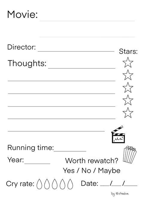 Journal page movie for A5 Movie Review Journal Template, Show Review Journal, Film Journal Template, Zinnia Template, Movie Rating Journal, Movie Template Design, Movie Journal Aesthetic, Movie Review Template Aesthetic, Movie Rating Template