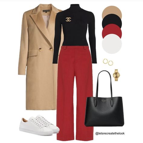 Red And Black Capsule Wardrobe, Red Pant Suit Outfit, Blezars For Women Outfit, Red And White Outfit Classy, Beige And Red Outfit, Black And Camel Outfit, Outfit Pantalon Rojo, Flats Outfit Work, Black Capsule Wardrobe