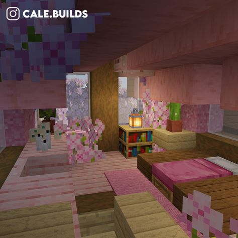 Small pink bedroom with some nature. Small Pink Bedroom, Cute Bedroom Design, Cute Minecraft Bedrooms, First Post On Instagram, Cherry Blossom House, Cherry Blossom Bedroom, Bedroom Minecraft, Minecraft Small House, Cute Cherry Blossom