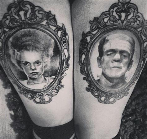 Frankenstein and his bride tattoos black and grey Frankenstein Tattoo Traditional, Frankenstein Bride Tattoo, Frankenstein And Bride Tattoo, Bride Of Frankenstein Tattoo, Scary Tattoo Ideas, Frankenstein Tattoo, Bride Tattoo, Frankenstein Bride, Pocket Watch Tattoos