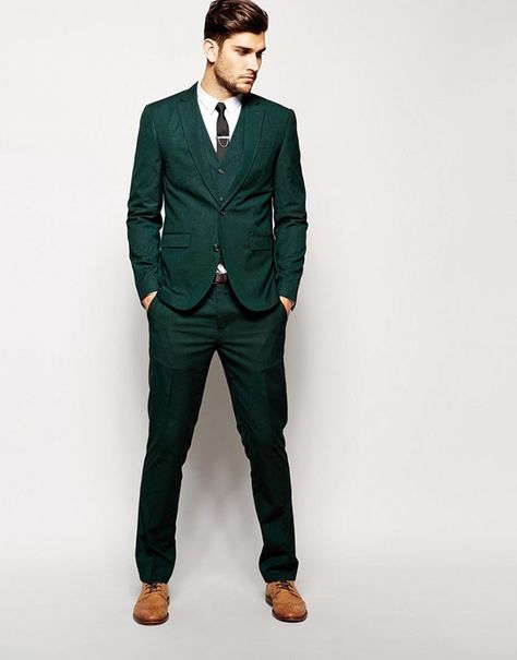 11 Modern Groom Looks That Ditched the Traditional Tuxedo via Brit + Co Destination Wedding Suits, Traditional Tuxedo, Mens Suit Colors, Green Suit Men, Green Wedding Suit, Suits Men Slim, Modern Groom, Dark Suit, Emerald Green Weddings