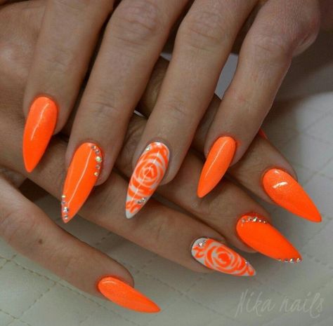 Orange And White Gel Nails, Orange Neon Nails Design, Neon Nails Acrylic Almond, Bright Orange Nail Ideas, Orange Nails With Accent Nail, Orange Almond Nails Designs, Bright Neon Orange Nails, Almond Neon Nails, Bright Orange Nails With Design