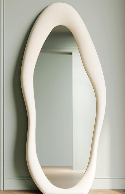 Mom House Decor, Length Mirror In Bedroom, Full Length Mirror In Bedroom, Blob Mirror, Leaning Against Wall, Blob Mirrors, Funky Bedroom, Shape Mirror, Living Room Beige