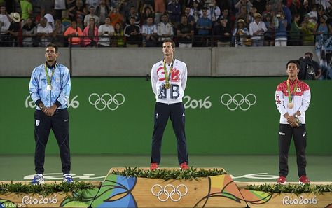 Murray stood tall on the podium as he was joined by silver medallist del Potro, left, and bronze medallist Kei Nishikori, right Serena And Venus Williams, Max Whitlock, Olympic Podium, Olympic Gold Medals, Andy Murray, Venus Williams, Strictly Come Dancing, Sports Day, Rio 2016