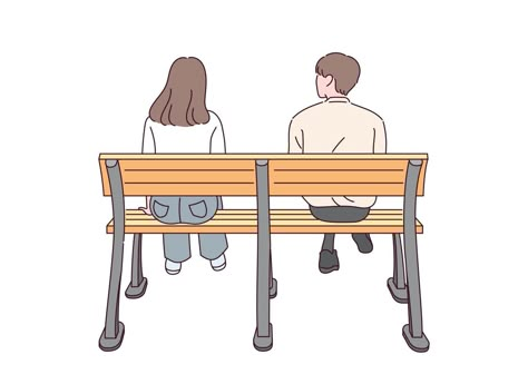 The back view of a male and female couple sitting on a bench. Couple Sitting Together Aesthetic, Bench Drawing, Hippie Drawing, Back Drawing, Sitting Bench, Sitting On A Bench, Drawings For Boyfriend, Couple Sitting, Couple Poses Reference