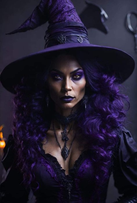 Purple Witch Makeup, Fotos Halloween, Goth Disney Princesses, Witches Night Out, Goth Disney, Halloween Digital Art, Witch Pictures, Dark Beauty Photography, Fantasy Witch