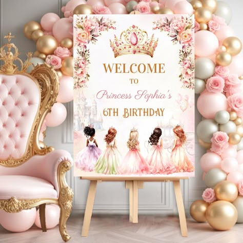 Welcome your royal guests with this enchanting Princess Birthday foam board welcome sign! Adorned with a pink and gold crown, delicate flowers, and adorable little princesses in pastel dresses. Easily customize the text. Perfect for any Birthday of a little girl. - Kate Eden Art Royal Princess Birthday Party Decoration, Sleeping Beauty Theme Party, Beauty Theme Party, Girls First Birthday Theme, First Birthday Invitation Card Template, Baby Girl First Birthday Decorations, Pink And Gold Crown, Foam Board Welcome Sign, Royal Princess Birthday