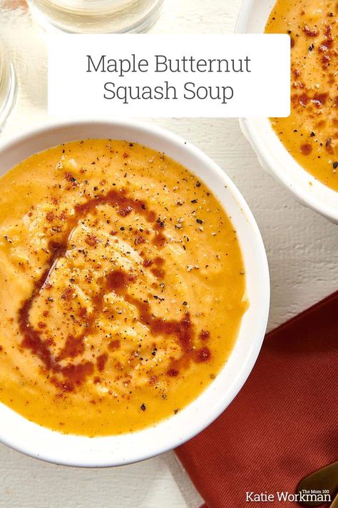 Maple Butternut Squash Soup / Roasted squash turns into the best soup with a touch of maple syrup, ground cinnamon, and cayenne pepper. Butter Squash Soup, Squash Thanksgiving, Maple Butternut Squash, Soup Squash, Roasted Squash Soup, Holiday Soups, The Best Soup, Butternut Squash Soup Recipe, Roast Pumpkin Soup