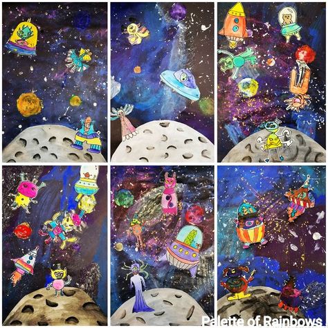 Alien Collage, Alien Painting, Space Art Projects, Primary School Art, Outer Space Art, Elementary Art Rooms, Space Unit, The Aliens, 4th Grade Art