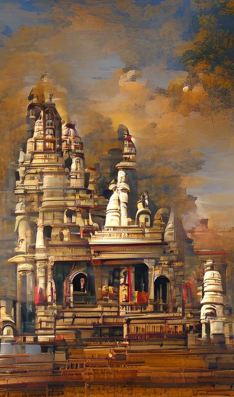 Temple Painting Indian, Ram Mandir Painting, Temple Art Indian, Mandir Painting, Ganga Ghat, Watercolor Indian, Indian Traditional Paintings, Poster Color Painting, Landscape Painting Tutorial