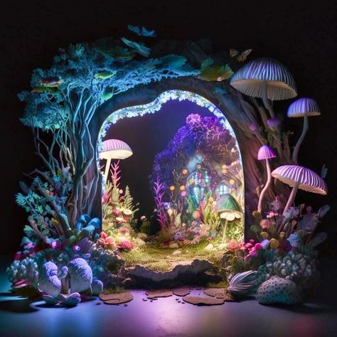 Enchanted Garden Stage Design, Fairytale Set Design, Enchanted Night Theme, Alice In Wonderland Landscape, Dark Fairy Party, Alice In Wonderland Set Design, Underwater Party Decorations, Magical Decorations, Comic Christmas