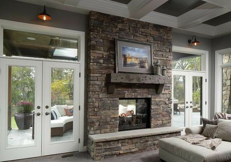 Fireplace Between Windows, Indoor Outdoor Fireplaces, Farm House Livingroom, French Country Living Room, Outdoor Room, Country Living Room, Home Fireplace, French Doors Interior, Barn Lighting