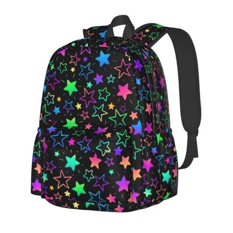 -Size: 11 X 6.3 X 16.9 Inch. Fit Your Communication Folders (A4), Ring Notebook, Huge Lunch Box, And Pencil Case With Room Still Left Over For An Extra Change Of Clothes. The Side Pockets Can Hold A Regular Water Bottle Fine.16.9 Inch Backpacks For Students Is Big Enough To Hold 15 Inch Laptop, Books, Lunch Bag, Pencil Bag, Water Bottle, Umbrella. -Meterial: 600d Oxford Cloth (Polyester),Strong And Wear-Resistant. High Quality Workmanship Line; Stylish Lightweight And Unique Print Backpack For C Kidcore Backpack, Scene Backpack, Alien Backpack, Neon Clothes, Scene Clothes, Neon Stars, Guess Backpack, Leather Backpacks School, Ring Notebook