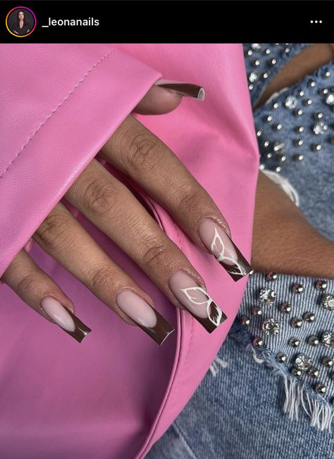 Brown Acrylic Nails, Butterfly Nail Designs, Back To School Nails, School Nails, French Acrylic Nails, Long Square Acrylic Nails, Pink Nail Designs, Butterfly Nail, Brown Nails