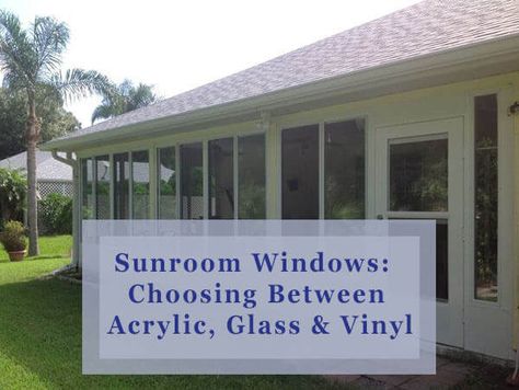 Glass windows seem to be the standard for a sunroom windows, but acrylic iand PGT EZE-Breeze vinyl panels are attractive alternatives to traditional glass. Diy Sunroom On A Budget, Sunroom Window Ideas, Diy Sunroom, Eze Breeze Windows, Eze Breeze, Enclosed Patio Ideas, Sunroom Kits, Glass Sunroom, Patio Shades