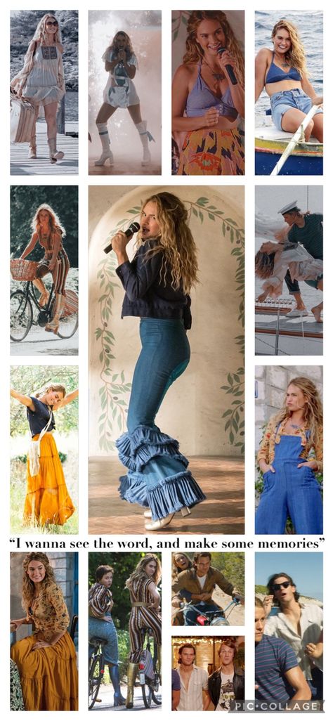 70s Outfits Mamma Mia, Mamma Mia Outfits Fall, Mama Mia Movie Outfits, Mamma Mia 2 Outfits Lily James, Mamma Mia Lily James Outfits, Mamma Mia Orange Skirt, Mama Mia Bride Outfit, Abba Aesthetic Outfits 70s, Momma Mia Inspired Outfits