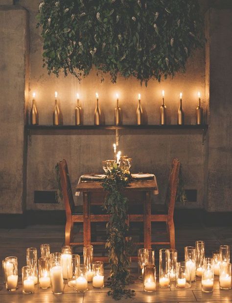 industrial candlelit dinner Loft Wedding Reception, Industrial Loft Wedding, Industrial Wedding Ceremony, Indoor Wedding Inspiration, Wedding Ceremony Ideas, Sweetheart Table Wedding, Loft Wedding, Candlelit Dinner, Wedding Altars