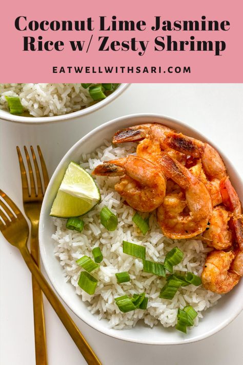 coconut lime jasmine rice with zesty shrimp! #ad Such a delicious recipe that makes a great side dish too. The jasmine rice is @ricelandfoods and it is amazing quality and tastes great. Get the full recipe on eatwellwithsari.com #riceland #12DaysofRiceland Meals With Jasmine Rice, Coconut Shrimp With Rice, Coconut Rice And Shrimp Recipe, Rice And Prawns Recipe, Shrimp Jasmine Rice Recipe, Coconut Jasmine Rice Recipes, Shrimp And Jasmine Rice Recipes, Shrimp With Jasmine Rice, Coconut Lime Rice