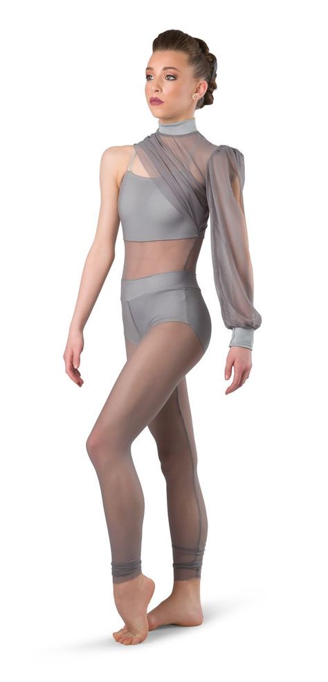 UNITARD WITH ATTACHED ASYMMETRICAL SHRUG: Steel grey mesh and steel grey spandex TRIM: Adjustable straps HEADPIECE INCLUDED SIZES: Child: M-L-XL, Adult: S-M-L-XL Imported Contemporary Dance Dress, Dance Costumes Tap, Dance Class Outfit, Solo Dance Costumes, Creative Dance, Modern Dance Costume, Cute Dance Costumes, Pretty Dance Costumes, Dance Unitard