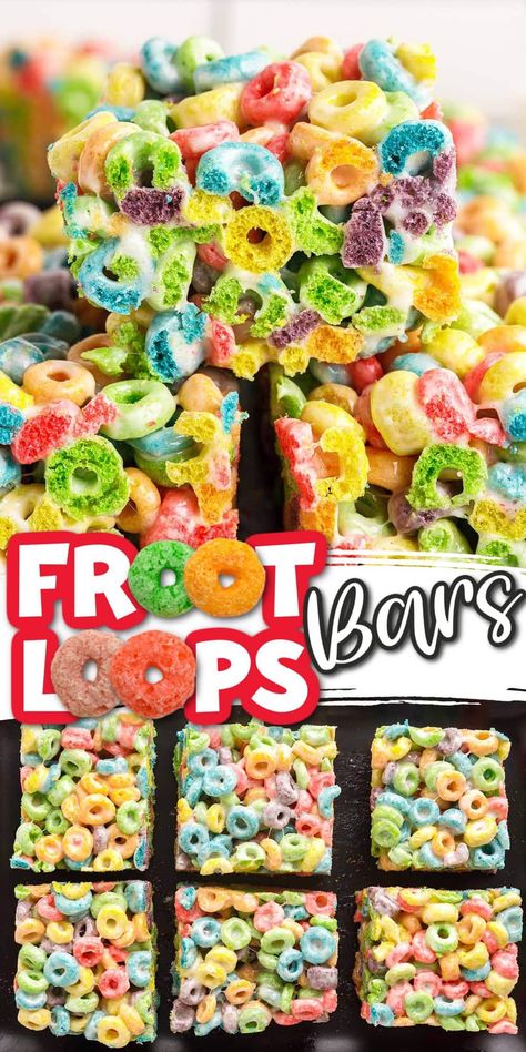 Fruit Loop Treats, Cereal Treat Bars, Cereal Bars Homemade, Cereal Bars Recipes, Fruit Loops Cereal, Rainbow Recipes, Rainbow Snacks, Snacks Kids, Krispie Treats Recipe