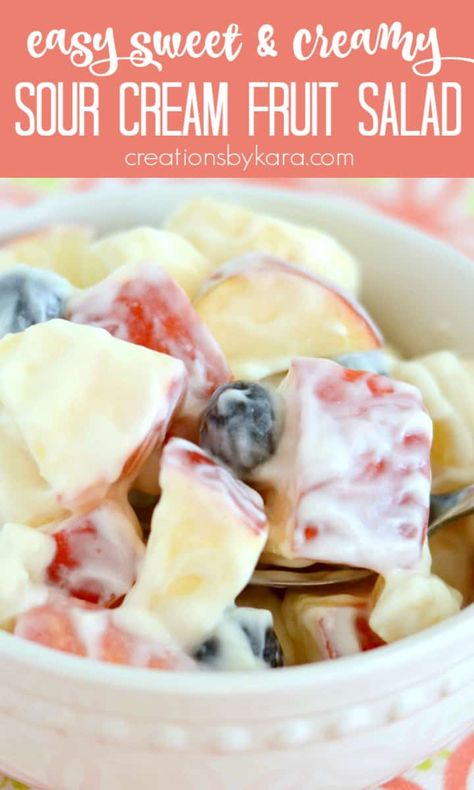 You can adapt this SOUR CREAM FRUIT SALAD recipe using any fruit you like. The sour cream glaze is easy, creamy, perfectly sweet, and completely scrumptious! #sourcreamfruitsalad #easyfruitsalad #fruitsalad #sourcream #creationsbykara Fruit Salad With Cream, Cream Fruit Salad, Brown Sugar Sauce, Creamy Fruit Salads, Dressing For Fruit Salad, Salad Cream, Fruit Salad Easy, Summer Salads With Fruit, Sour Cream Recipes