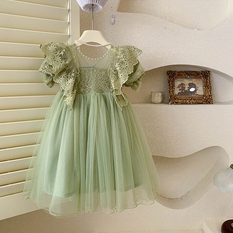 Beige Party Dress, Lace Fairy Dress, Beige Party, Kids Summer Dresses, Party Dress Lace, Dress Baby Girl, Elsa Dress, Baby Dress Patterns, Dresses Green