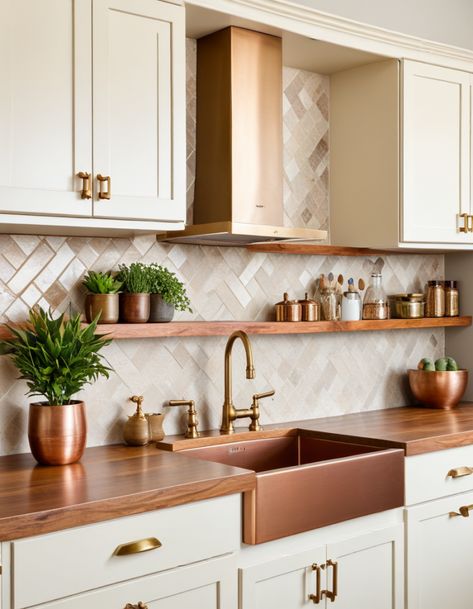 Copper Kitchen Hardware White Cabinets, Copper Appliances Kitchen, Copper Accents Kitchen, Copper And White Kitchen, Cream And Oak Kitchen, Copper Hardware Kitchen, Cottagecore Aesthetic Kitchen, Copper Decor Accents, Kitchen With Copper Accents