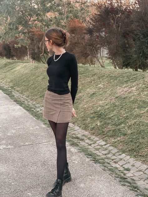 ━ 𝐡𝐚𝐳𝐞𝐥 ☻ Pretty Outfits Autumn, Blue Fisherman Sweater Outfit, Plaid Skirt Business Casual, Nerd Look Women Geek Chic Outfit, Dark Tights Outfit, Cute Winter Vacation Outfits, Black Aline Skirt Outfits, Outfits For Flat Bums, Laufey Core Outfits