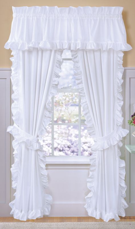 Classic Cape Cod Curtain Panel Pair White Ruffle Curtains, Cape Cod Living Room, Gold Curtains Living Room, Priscilla Curtains, Ivory Curtains, Balloon Curtains, Ruffle Curtains, Curtain Styles, Shabby Chic Curtains