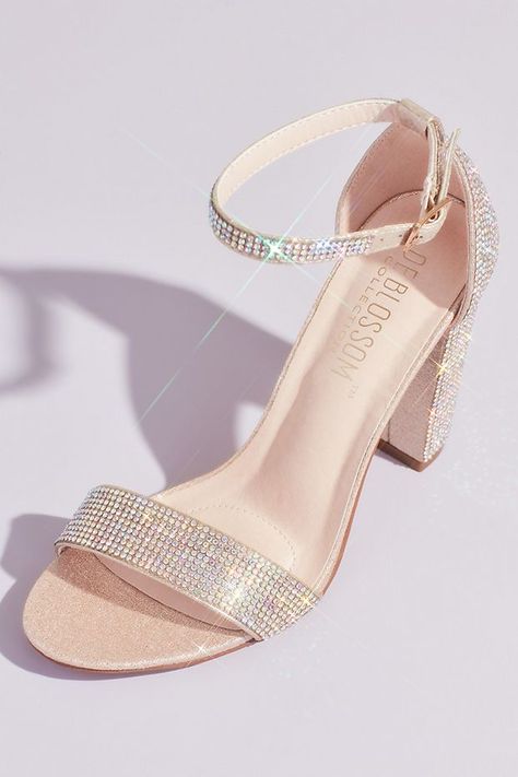 Crystal Block Heel Sandals with Shimmering Accents | David's Bridal Quince Shoes, Tshirt Quilt, Glitter Sandals, Crystal Shoes, Quince Ideas, Lace Straps, Embellished Sandals, Block Heel Shoes, Block Heel Sandals