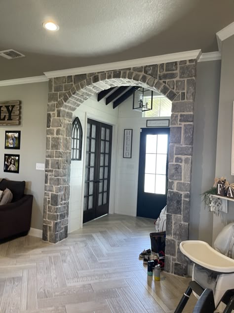 Indoor Stone Archway, Rustic Archways In Homes, Stone Archway Interior, Decorate Archway In Home, Square Archways In Homes, Kitchen Archway Ideas, Columns In Living Room, Archways In Homes, Brick Archway