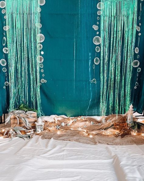 Under The Sea Prom Photo Booth, Mermaid Net Decor, Backdrop Sea Theme, Mermaid Party Photo Backdrop, Mermaid Lagoon Decorations, Ocean Prom Theme, Catalina Photoshoot, Under The Sea Photo Backdrop, Under The Sea Hoco Theme