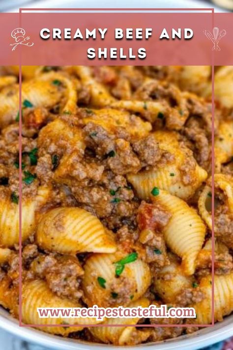 This Creamy Beef and Shells dish is a hearty, comforting meal perfect for busy weeknights. The tender pasta shells are coated in a rich, creamy beef sauce that is bursting with flavor and incredibly satisfying. Creamy Beef And Shells, Beef And Shells, Shell Pasta Recipes, Beef Sauce, Shells Recipe, Pasta Shells, Stuffed Shells Recipe, Comfort Dishes, Stuffed Pasta Shells