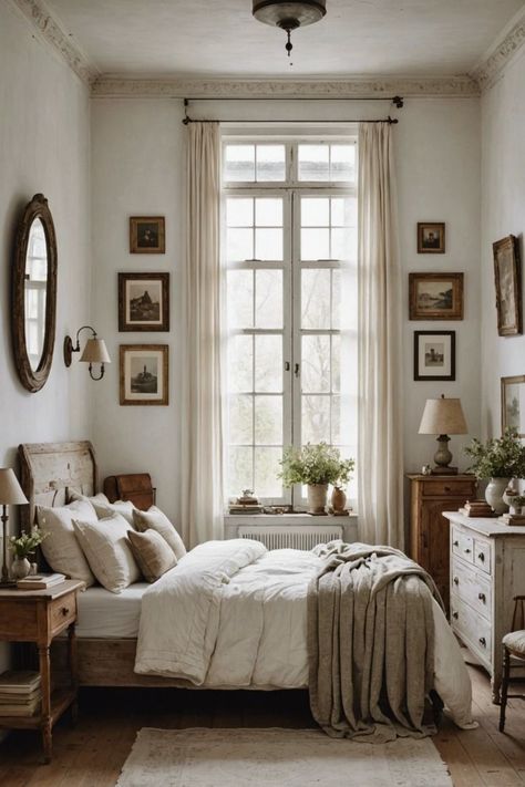 Rustic European Bedroom, Neutral And White Bedroom, Peaceful Cozy Bedroom, Minimal Cottage Bedroom, British Bedroom Ideas, Bedrome Idea, White Walls Bedroom Ideas, Rustic Bedroom Aesthetic, Peaceful Interior Design