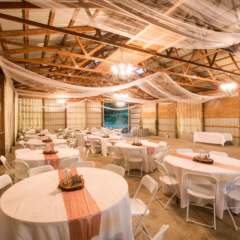 Pole Shed Wedding Receptions, Machine Shed Wedding Reception, Pole Barn Wedding Reception, Pole Barn Wedding Venues, Pole Barn Wedding, Barn Reception Decorations, Shop Wedding Reception, Night Reception, Cheap Wedding Reception