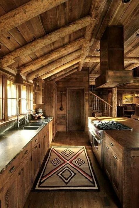 Cool Rustic Cabin Kitchen, Rustic Kitchen Design, Cabin Interiors, Cabin Kitchens, Cabin Living, Log Cabin Homes, Cabins And Cottages, Rustic Living, Cabin Life