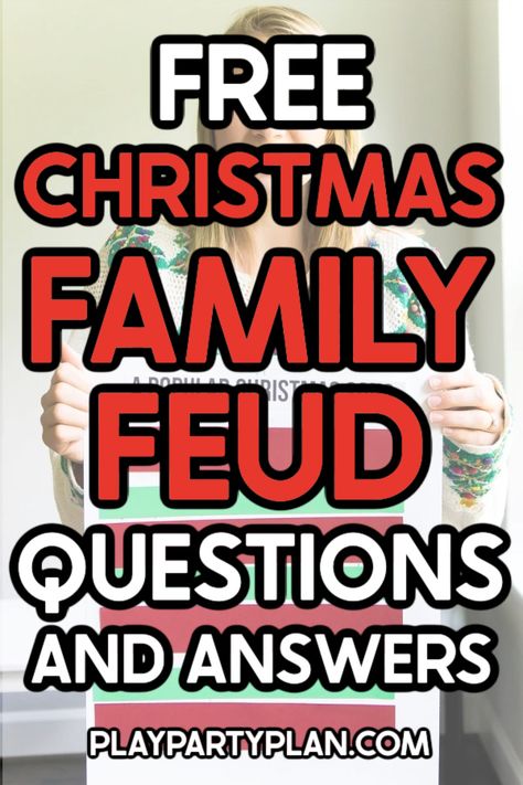 Free Christmas family feud game with tons of Christmas questions and answers! It's the perfect Christmas party game for your next holiday party! Christmas Feud Questions, Christmas Family Fued Questions Free, Family Fued Christmas Questions, Free Printable Family Feud Christmas Questions, Free Christmas Jeopardy Game, Christmas Games For Large Family, Christmas Family Feud Free, Large Family Christmas Games, Christmas Family Fued Game