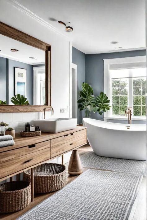 A coastal bathroom with bright white walls a natural wood vanity and Blue And Natural Wood Bathroom, Nature Inspired Bathroom Ideas, White And Natural Wood Bathroom, Blue And Wood Bathroom, Wood Vanity Bathroom Ideas, Bathroom Tan, Bright White Walls, White Tile Paint, Natural Wood Vanity