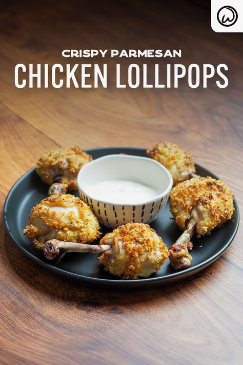 Crispy Parmesan Chicken Lollipops Chicken Lolipop Recipes, Chicken Lollipops Recipe, Crispy Parmesan Chicken, Lollipops Recipe, Chicken Lollipop, Home Chicken, Lollipop Recipe, Chicken Lollipops, Elegant Appetizers