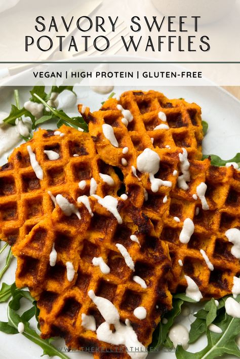 Dinner Waffles, Savory Waffle Recipe, Savory Sweet Potato, Waffle Iron Recipes, Vegan Waffles, Potato Waffles, Waffle Maker Recipes, Savory Waffles, Sweet Potato Waffles