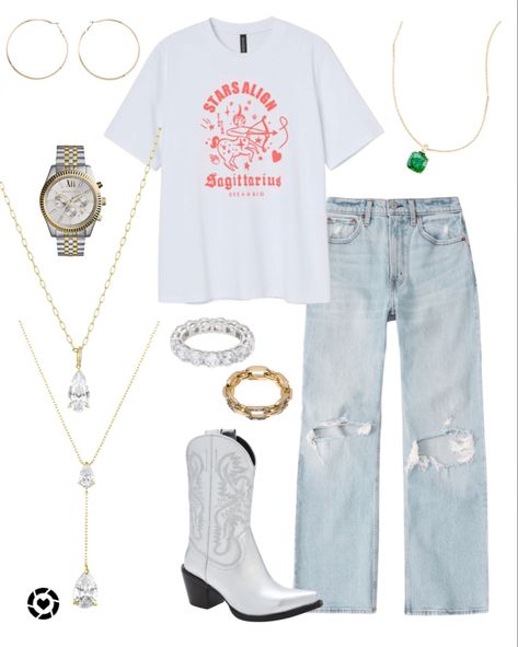 Silver Cowgirl Boots Outfit, Jeans And Cowgirl Boots Outfit, Graphic T Outfit, Silver Cowboy Boots Outfit, Silver Boots Outfit, Silver Cowboy Boots, Graphic Tshirt Outfit, 2023 Wardrobe, Western Boots Outfit