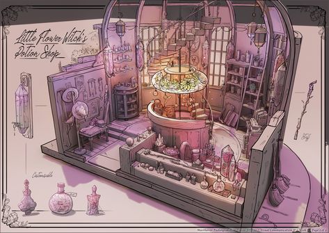 Themed Entertainment Design, Potion Shop, Broom Parking, Interior Concept Art, Witch Illustration, Feng Zhu, Fantasy Architecture, Witch Room, Fantasy Shop