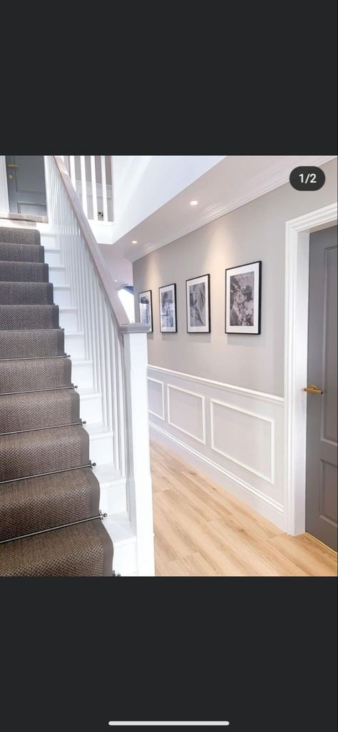 Grey Panelling Stairs, Grey White Hallway Ideas, Gray Hallway Ideas, Grey And White Hallway Ideas, Grey And White Hallway, Victorian Terrace Hallway, White Hallway Ideas, Landing Decor, Grey Internal Doors