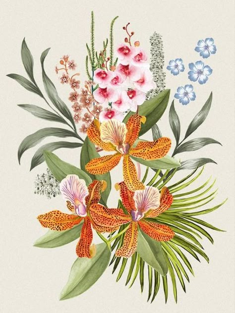 Tropical Floral Wallpaper, Orchid Mural, Tropical Flowers Illustration, Tropical Prints Pattern, Digital Art Journal, Botanical Flowers Print, Illustrated Wedding Invitations, Tropical Art Print