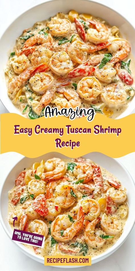 Indulge in this Easy Creamy Tuscan Shrimp Recipe, perfect for a quick weeknight dinner. Succulent shrimp are enveloped in a rich, creamy sauce with sun-dried tomatoes and spinach. Serve over pasta or rice for a satisfying meal that elevates your shrimp recipes to a new level of deliciousness. Shrimp Tuscan Pasta, Tuscan Pasta Recipes, Shrimp Tuscan, Tuscan Shrimp Pasta, Shrimp Pasta Recipes Creamy, Shrimp And Spinach Recipes, Creamy Tuscan Shrimp, Shrimp Spinach Pasta, Spinach Tomato Pasta