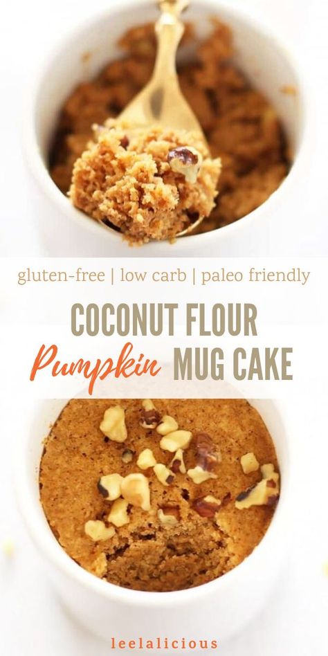 This moist and delicious Coconut Flour Pumpkin Spice Mug Cake can be made in less than 5 minutes and it is gluten-free and paleo-friendly.  #pumpkin #spice #mugcake #glutenfree #paleo #paleofriendly #recipe #coconutflour #lowcarb #healthy #easy #keto #sweets #dessert #treat Pumpkin Spice Mug Cake, Spice Mug Cake, Coconut Flour Mug Cake, Weight Watcher Desserts, Coconut Flour Recipes, Keto Mug Cake, Paleo Pumpkin, Paleo Sweets, Low Carb Dessert